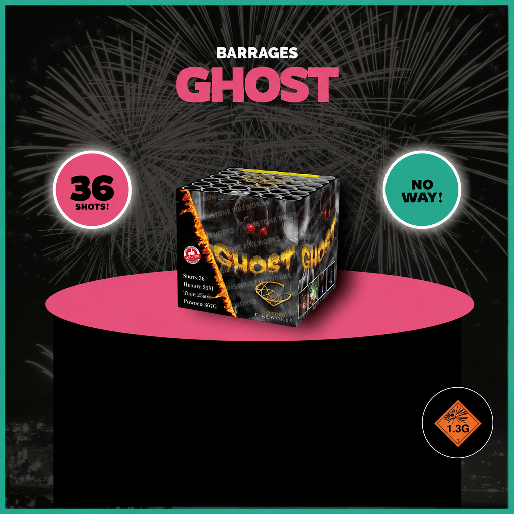 Gemstone Fireworks Ghost product image with the Boom Fireworks logo covered