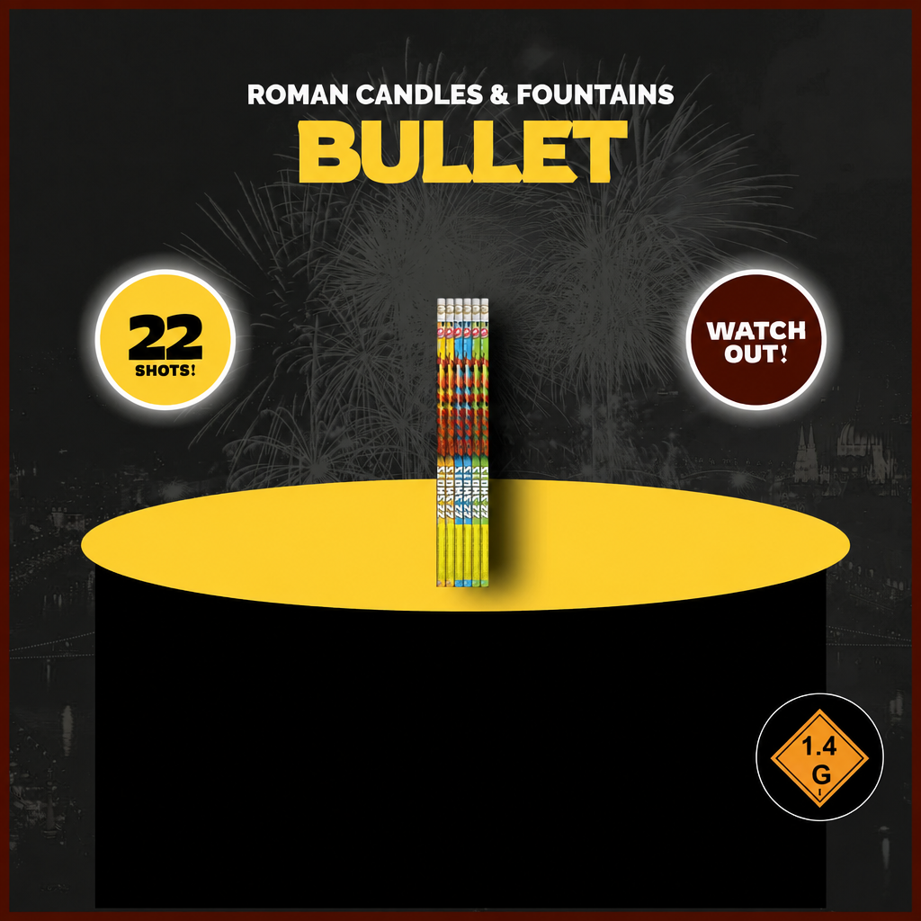 Gemstone Fireworks Bullet Roman Candle product image with the Boom Fireworks logo covered